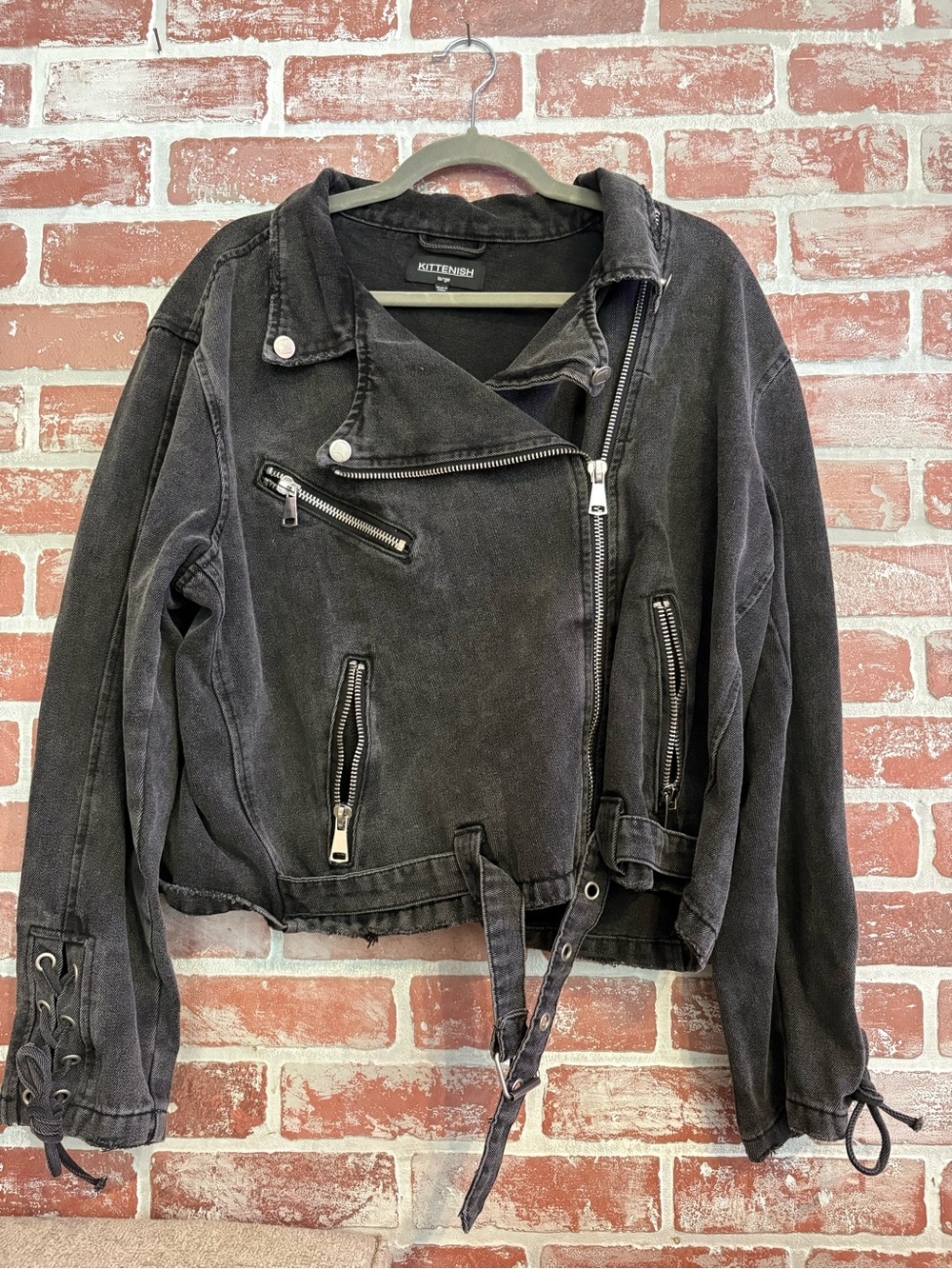 Kittenish Washed Black Lace-Up Sleeve Moto Jacket